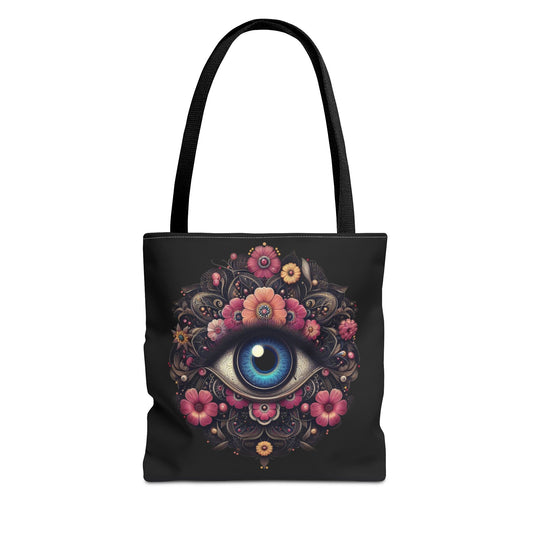 "Celestial Guardian: Floral Eye Canvas Tote"