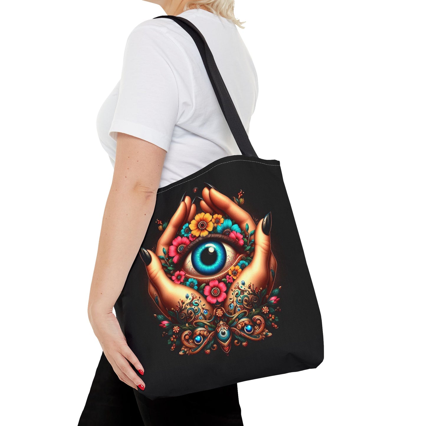 "Mystic Hands & Evil Eye Canvas Tote – A Symbol of Protection & Elegance"