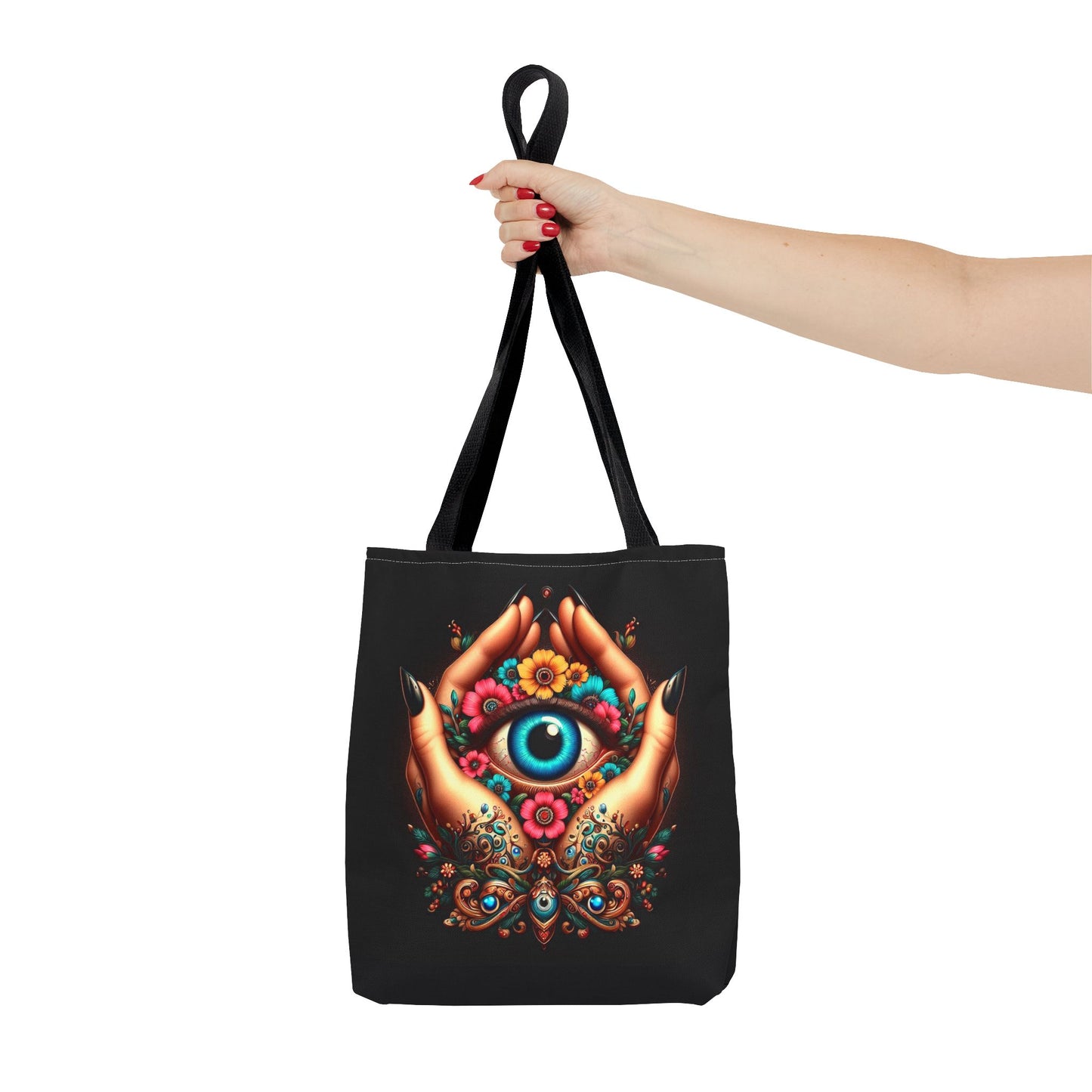 "Mystic Hands & Evil Eye Canvas Tote – A Symbol of Protection & Elegance"