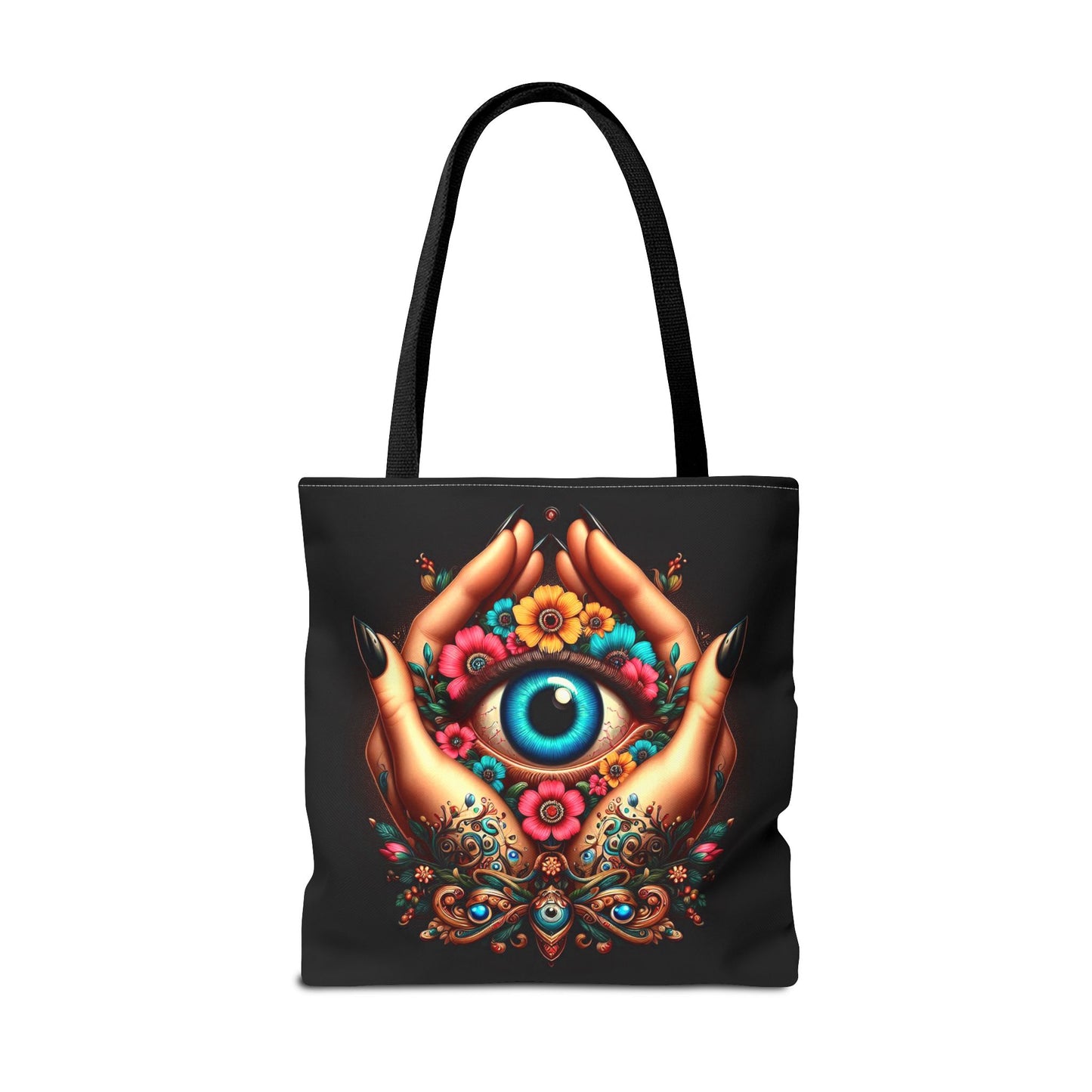 "Mystic Hands & Evil Eye Canvas Tote – A Symbol of Protection & Elegance"