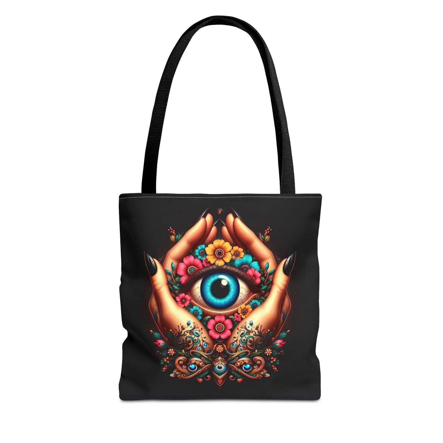 "Mystic Hands & Evil Eye Canvas Tote – A Symbol of Protection & Elegance"