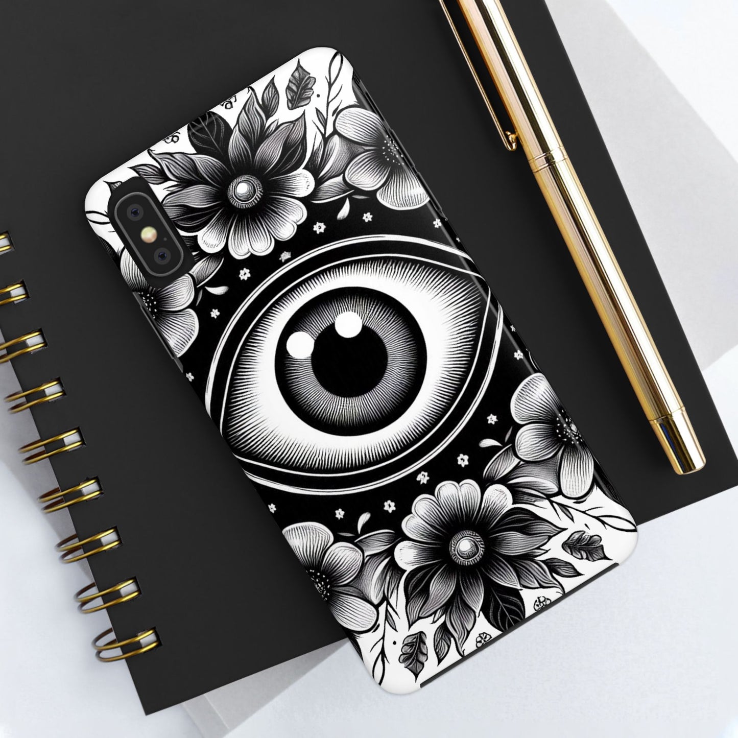 "Black and White Floral Guardian Evil Eye Phone Case"