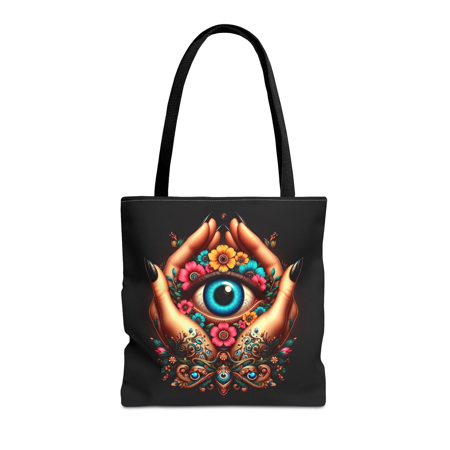 "Mystic Hands & Evil Eye Canvas Tote – A Symbol of Protection & Elegance"