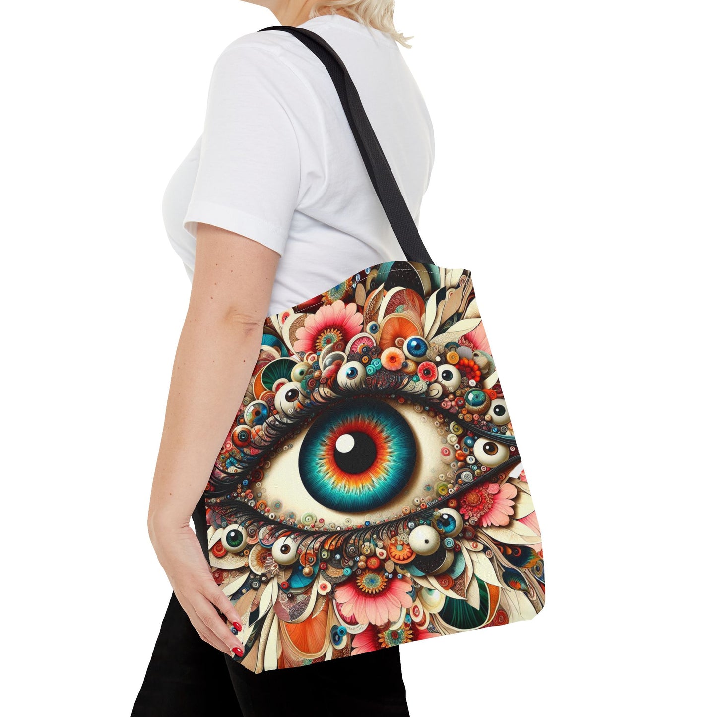 Surreal Art Tote – Mesmerizing Evil Eye & Floral Fusion Canvas Tote