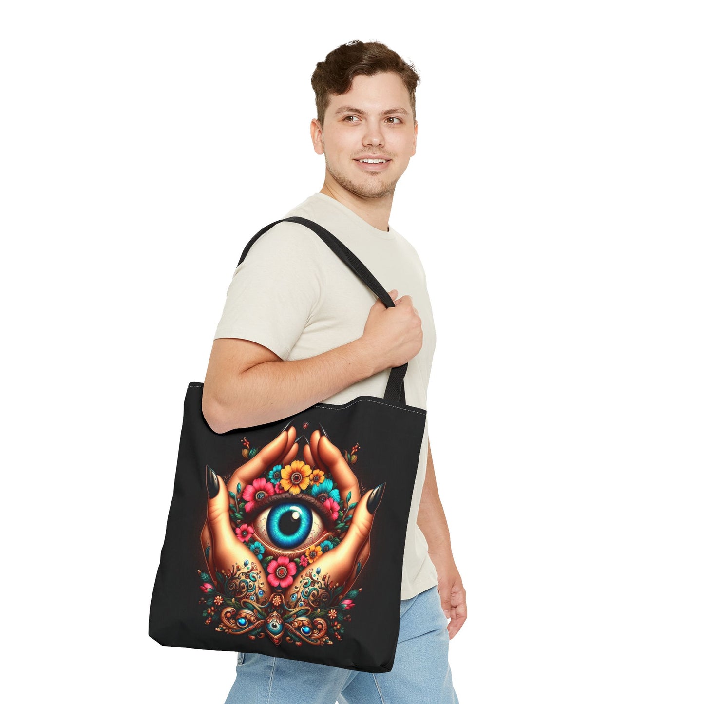 "Mystic Hands & Evil Eye Canvas Tote – A Symbol of Protection & Elegance"