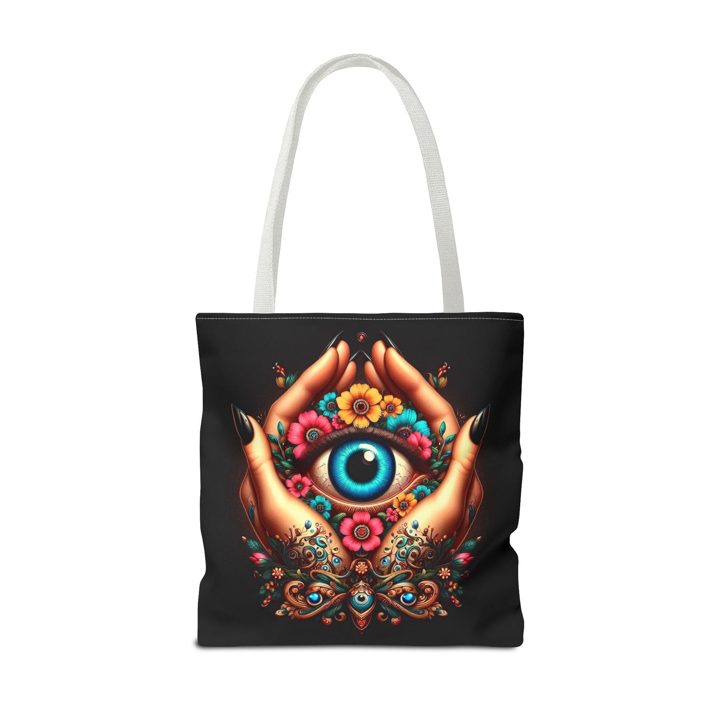 "Mystic Hands & Evil Eye Canvas Tote – A Symbol of Protection & Elegance"