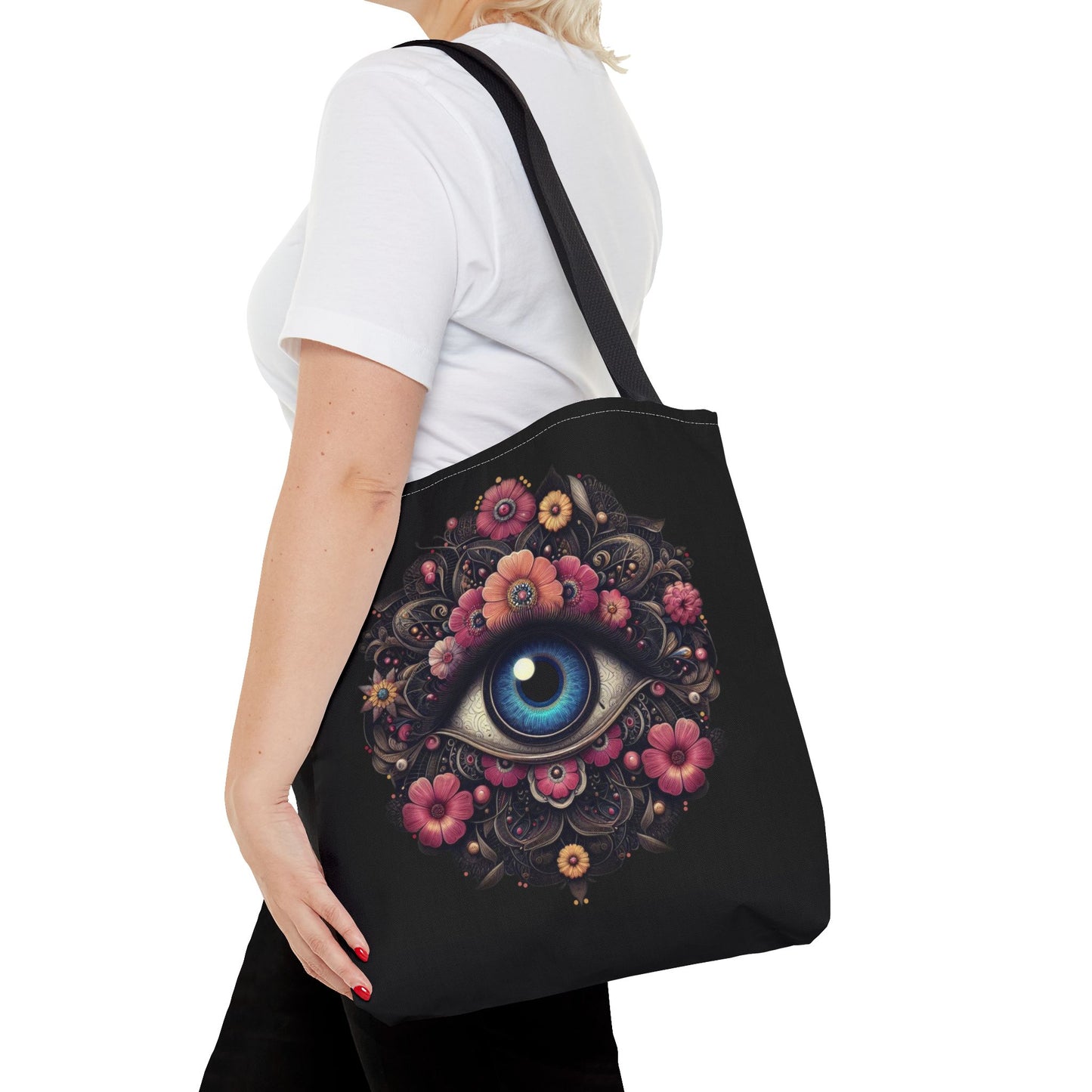 "Celestial Guardian: Floral Eye Canvas Tote"