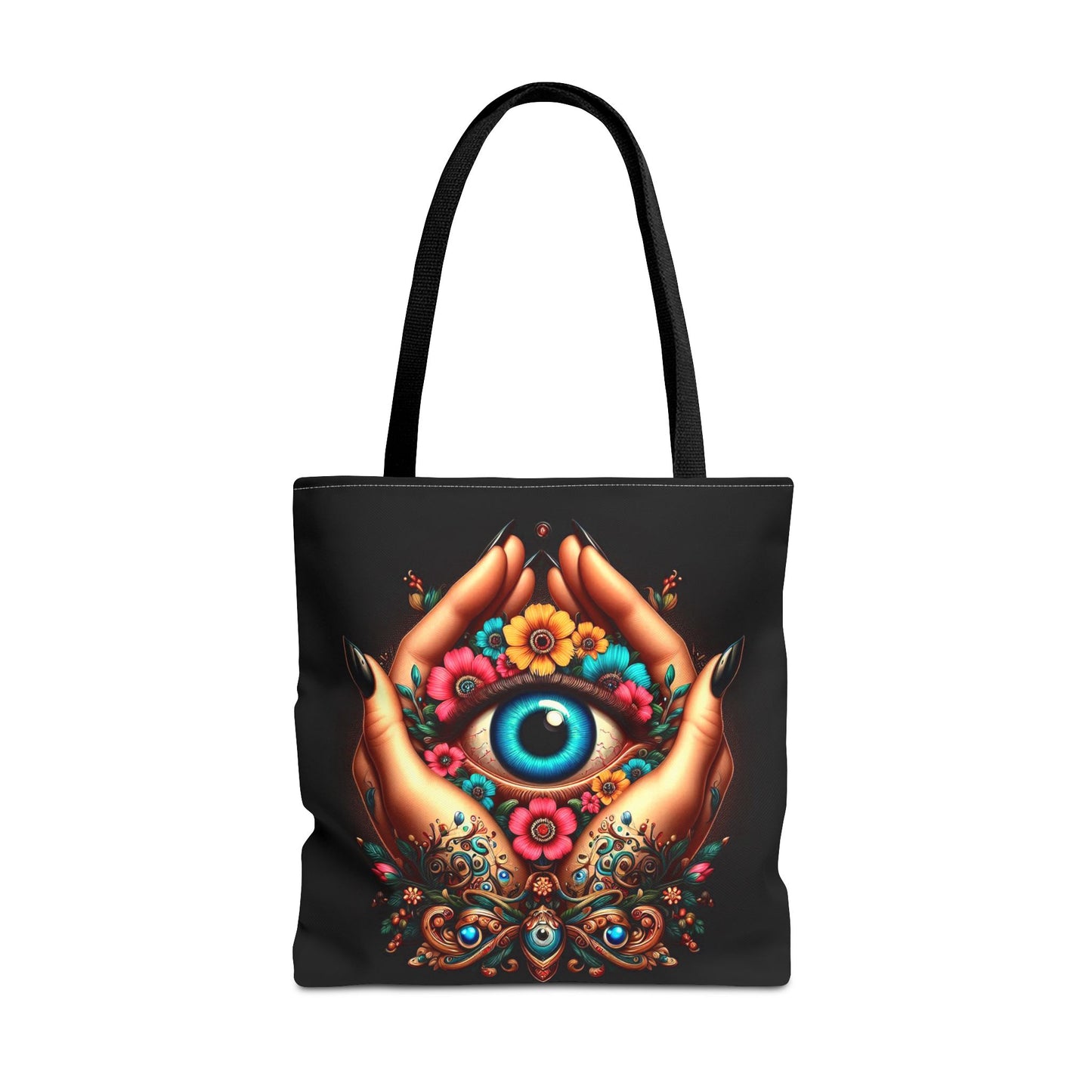 "Mystic Hands & Evil Eye Canvas Tote – A Symbol of Protection & Elegance"