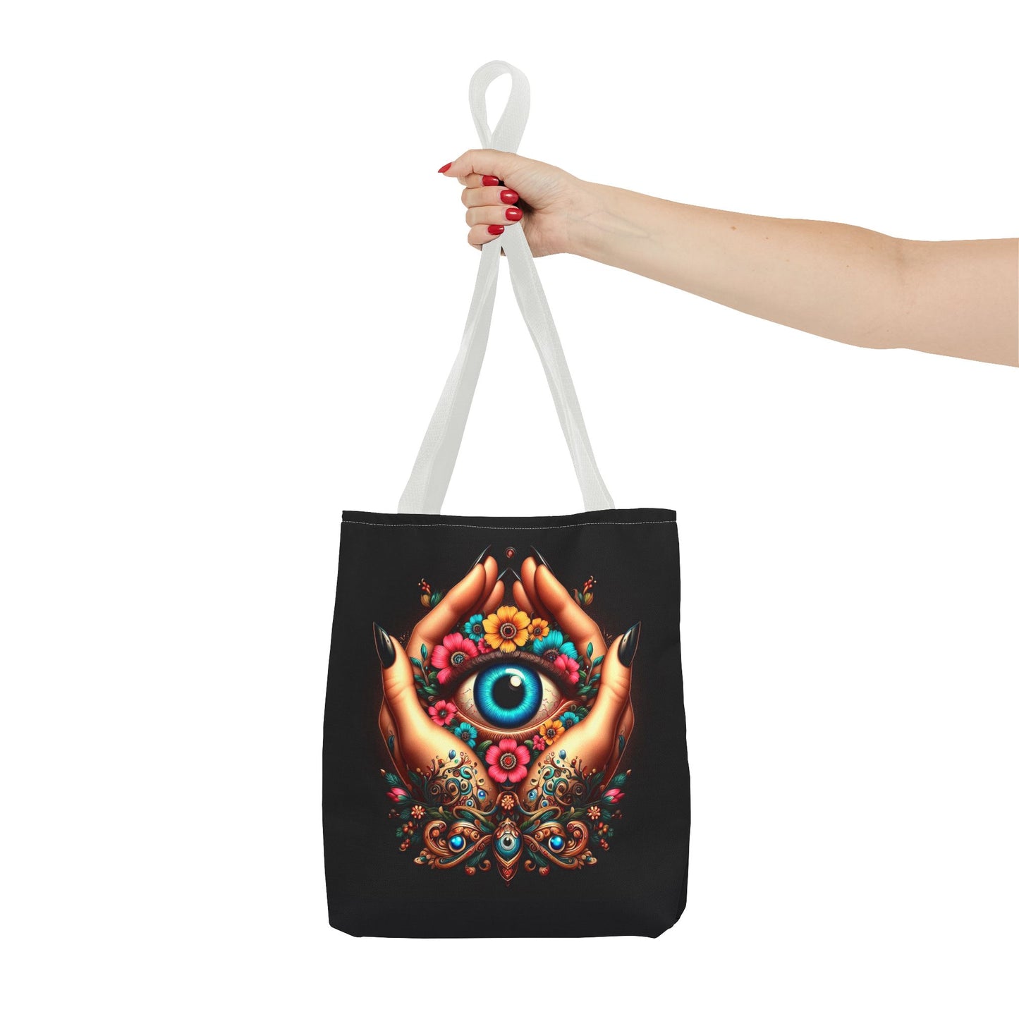 "Mystic Hands & Evil Eye Canvas Tote – A Symbol of Protection & Elegance"