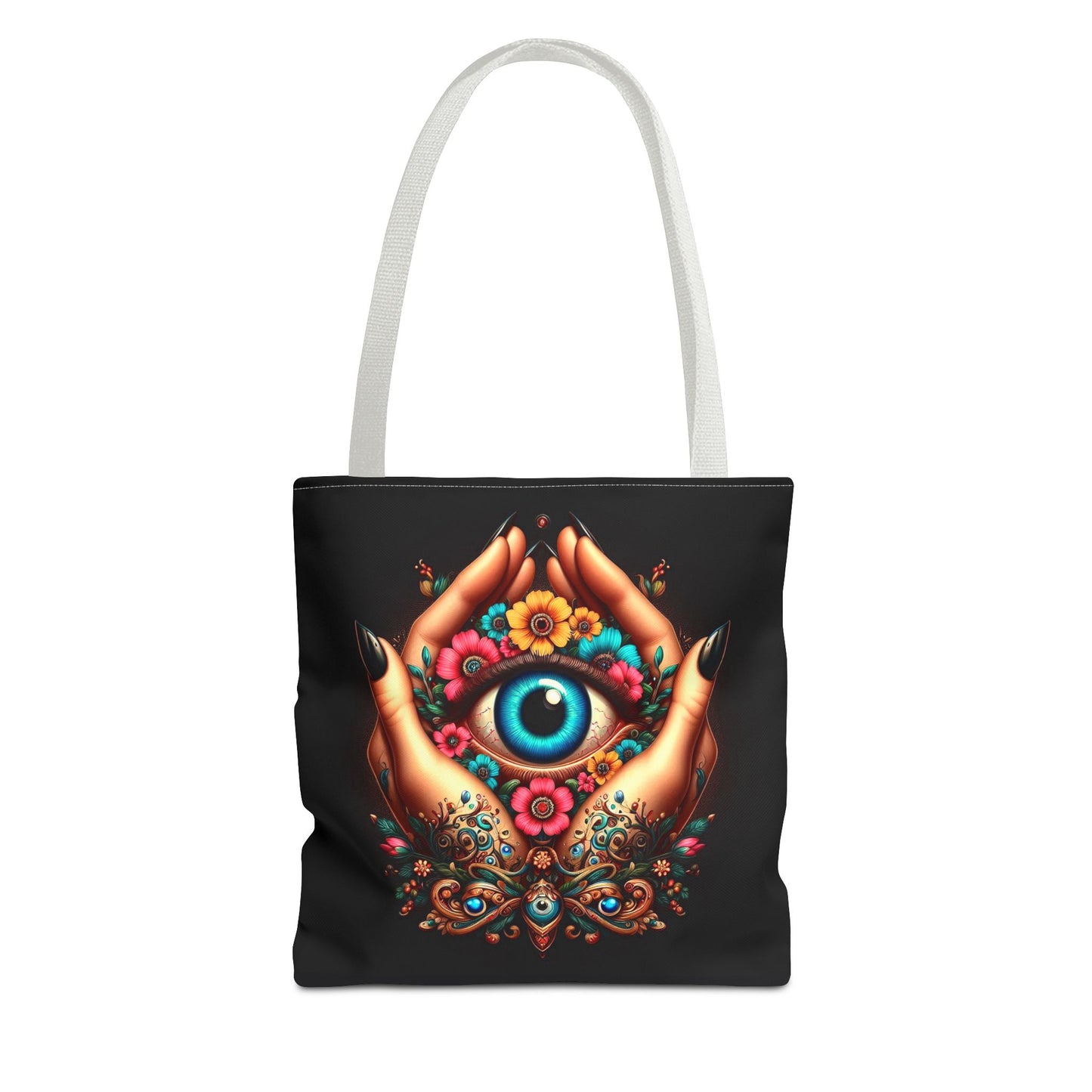 "Mystic Hands & Evil Eye Canvas Tote – A Symbol of Protection & Elegance"