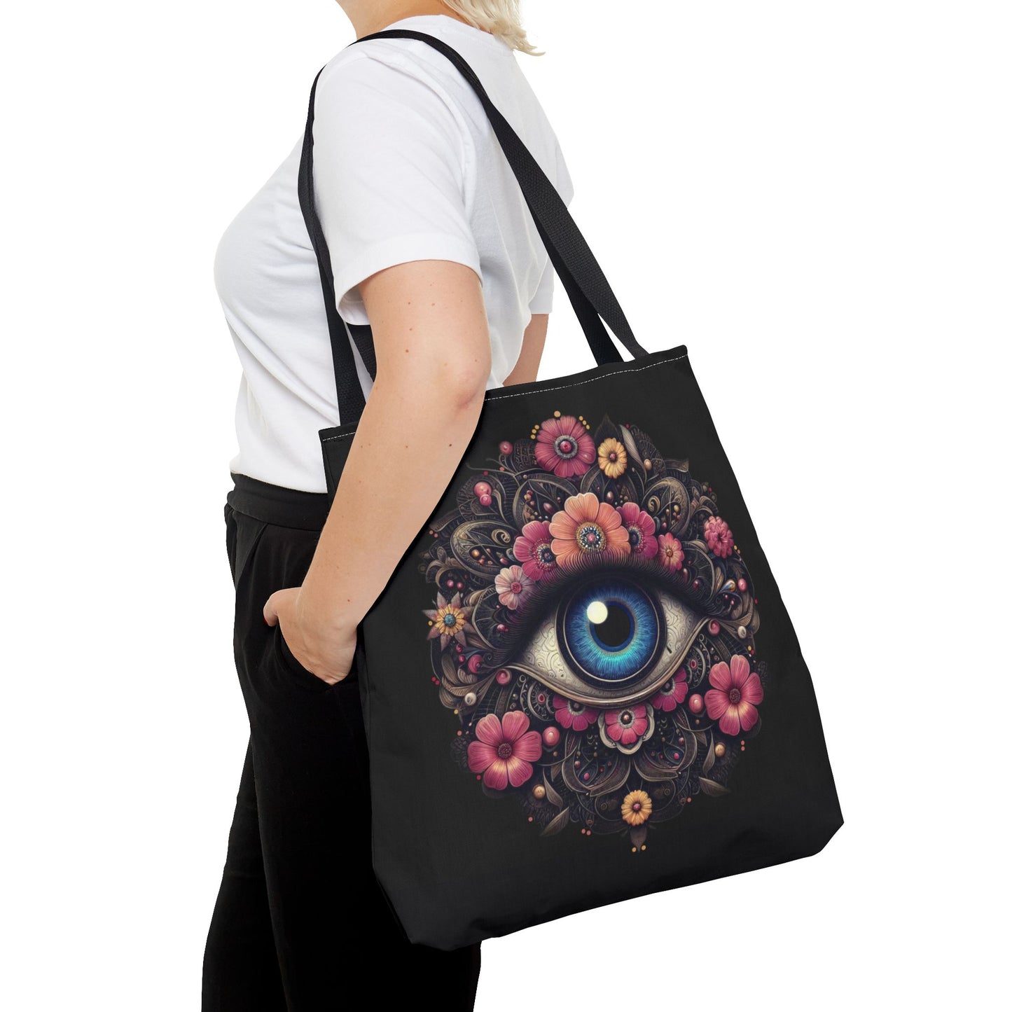 "Celestial Guardian: Floral Eye Canvas Tote"