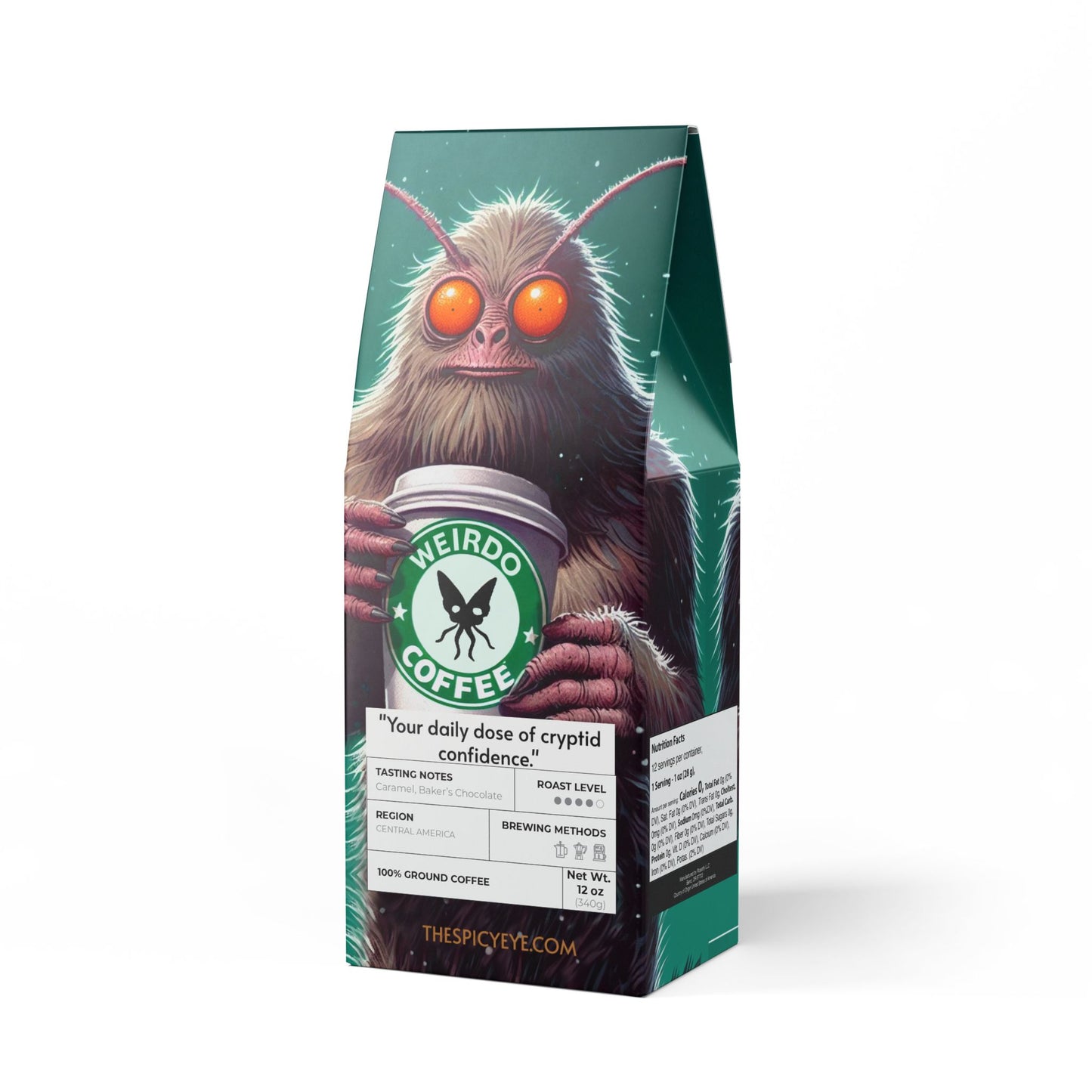 "Your daily dose of cryptid confidence.""Medium-dark roast Specialty Grade Craft Coffee"