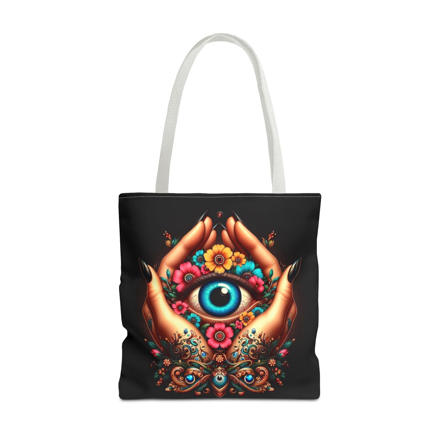 "Mystic Hands & Evil Eye Canvas Tote – A Symbol of Protection & Elegance"