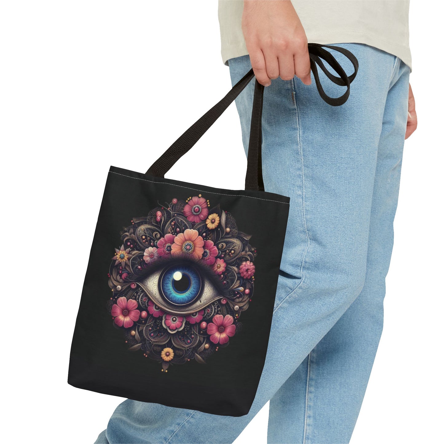 "Celestial Guardian: Floral Eye Canvas Tote"