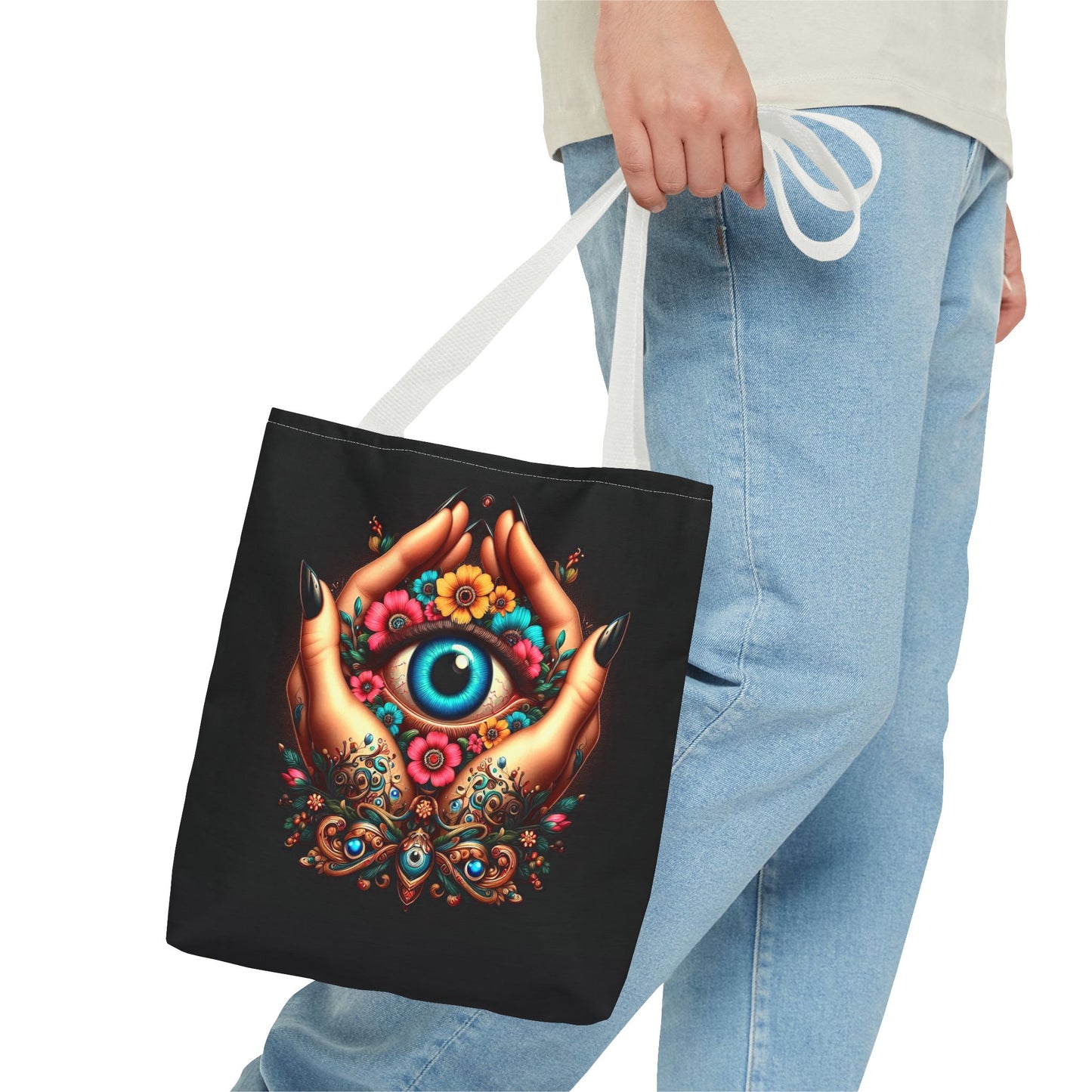 "Mystic Hands & Evil Eye Canvas Tote – A Symbol of Protection & Elegance"