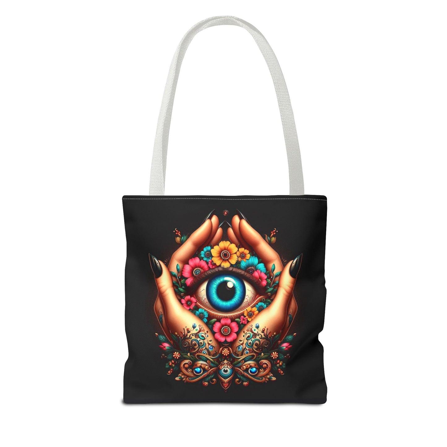 "Mystic Hands & Evil Eye Canvas Tote – A Symbol of Protection & Elegance"